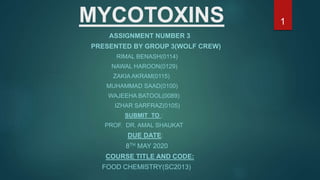 MYCOTOXINS
ASSIGNMENT NUMBER 3
PRESENTED BY GROUP 3(WOLF CREW)
RIMAL BENASH(0114)
NAWAL HAROON(0129)
ZAKIA AKRAM(0115)
MUHAMMAD SAAD(0100)
WAJEEHA BATOOL(0089)
IZHAR SARFRAZ(0105)
SUBMIT TO :
PROF. DR. AMAL SHAUKAT
DUE DATE:
8TH MAY 2020
COURSE TITLE AND CODE:
FOOD CHEMISTRY(SC2013)
1
 