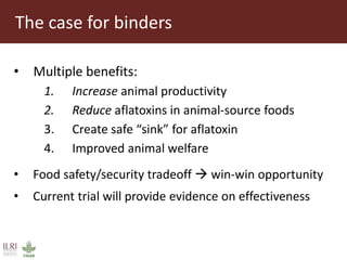 The case for binders
• Multiple benefits:
1. Increase animal productivity
2. Reduce aflatoxins in animal-source foods
3. Create safe “sink” for aflatoxin
4. Improved animal welfare
• Food safety/security tradeoff  win-win opportunity
• Current trial will provide evidence on effectiveness
 