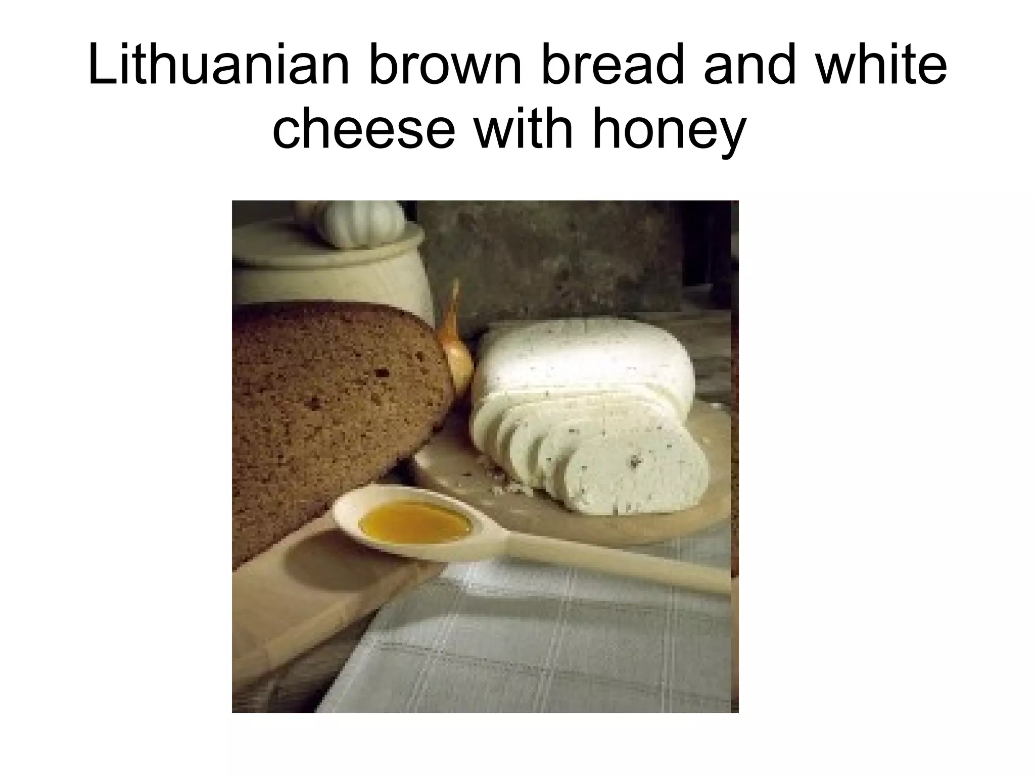 Lithuanian brown bread and white cheese with honey  