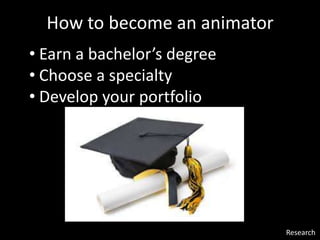 Research
• Earn a bachelor’s degree
• Choose a specialty
• Develop your portfolio
How to become an animator
 