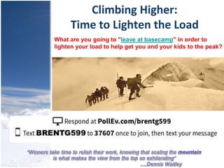 Climbing Higher:
Time to Lighten the Load
What are you going to "leave at basecamp" in order to
lighten your load to help get you and your kids to the peak?
 