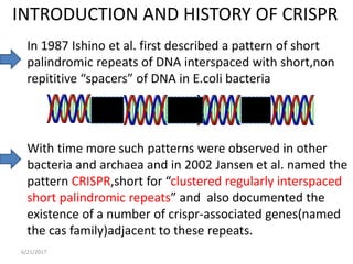In 1987 Ishino et al. first described a pattern of short
palindromic repeats of DNA interspaced with short,non
repititive ...