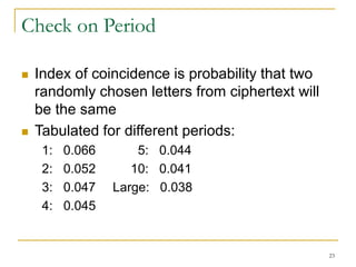 23
Check on Period
 Index of coincidence is probability that two
randomly chosen letters from ciphertext will
be the same
 Tabulated for different periods:
1: 0.066 5: 0.044
2: 0.052 10: 0.041
3: 0.047 Large: 0.038
4: 0.045
 
