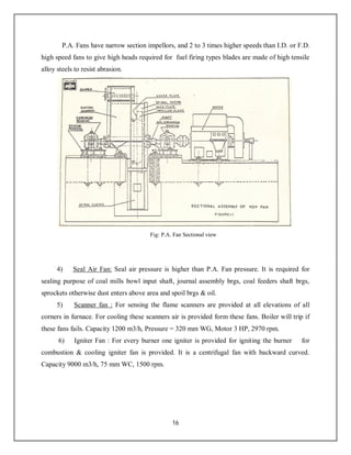 16
P.A. Fans have narrow section impellors, and 2 to 3 times higher speeds than I.D. or F.D.
high speed fans to give high heads required for fuel firing types blades are made of high tensile
alloy steels to resist abrasion.
Fig: P.A. Fan Sectional view
4) Seal Air Fan: Seal air pressure is higher than P.A. Fan pressure. It is required for
sealing purpose of coal mills bowl input shaft, journal assembly brgs, coal feeders shaft brgs,
sprockets otherwise dust enters above area and spoil brgs & oil.
5) Scanner fan : For sensing the flame scanners are provided at all elevations of all
corners in furnace. For cooling these scanners air is provided form these fans. Boiler will trip if
these fans fails. Capacity 1200 m3/h, Pressure = 320 mm WG, Motor 3 HP, 2970 rpm.
6) Igniter Fan : For every burner one igniter is provided for igniting the burner for
combustion & cooling igniter fan is provided. It is a centrifugal fan with backward curved.
Capacity 9000 m3/h, 75 mm WC, 1500 rpm.
 