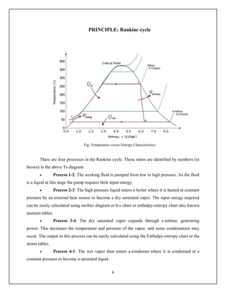 6
PRINCIPLE: Rankine cycle
Fig: Temperature verses Entropy Characteristics
There are four processes in the Rankine cycle. These states are identified by numbers (in
brown) in the above Ts diagram.
 Process 1-2: The working fluid is pumped from low to high pressure. As the fluid
is a liquid at this stage the pump requires little input energy.
 Process 2-3: The high pressure liquid enters a boiler where it is heated at constant
pressure by an external heat source to become a dry saturated vapor. The input energy required
can be easily calculated using mollier diagram or h-s chart or enthalpy-entropy chart also known
assteam tables.
 Process 3-4: The dry saturated vapor expands through a turbine, generating
power. This decreases the temperature and pressure of the vapor, and some condensation may
occur. The output in this process can be easily calculated using the Enthalpy-entropy chart or the
steam tables.
 Process 4-1: The wet vapor then enters a condenser where it is condensed at a
constant pressure to become a saturated liquid.
 