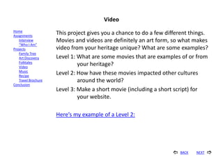 Video
Home
Assignments
                      This project gives you a chance to do a few different things.
    Interview         Movies and videos are definitely an art form, so what makes
    “Who I Am”
Projects              video from your heritage unique? What are some examples?
    Family Tree
    Art Discovery     Level 1: What are some movies that are examples of or from
    Folktales
    Video
                               your heritage?
    Music
    Recipe
                      Level 2: How have these movies impacted other cultures
    Travel Brochure            around the world?
Conclusion
                      Level 3: Make a short movie (including a short script) for
                               your website.

                      Here’s my example of a Level 2:




                                                                       BACK   NEXT   
 
