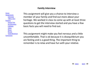 Family Interview
Home
Assignments
                      This assignment will give you a chance to interview a
    Interview         member of your family and find out more about your
    “Who I Am”
Projects              heritage. We worked in class to come up with at least three
    Family Tree
    Art Discovery
                      questions to get the interview started and you have a few
    Folktales         basic facts you will need to find out.
    Video
    Music
    Recipe
    Travel Brochure   This assignment might make you feel nervous and a little
Conclusion
                      uncomfortable. That is ok because it is disequilibrium you
                      are feeling and is a good thing. The important thing to
                      remember is to relax and have fun with your relative.




                                                                       BACK   NEXT   
 