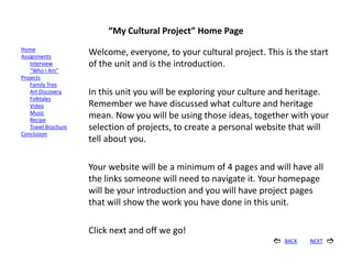 “My Cultural Project” Home Page
Home
Assignments
                      Welcome, everyone, to your cultural project. This is the start
    Interview         of the unit and is the introduction.
    “Who I Am”
Projects
    Family Tree
    Art Discovery     In this unit you will be exploring your culture and heritage.
    Folktales
    Video             Remember we have discussed what culture and heritage
    Music
    Recipe
                      mean. Now you will be using those ideas, together with your
    Travel Brochure   selection of projects, to create a personal website that will
Conclusion
                      tell about you.

                      Your website will be a minimum of 4 pages and will have all
                      the links someone will need to navigate it. Your homepage
                      will be your introduction and you will have project pages
                      that will show the work you have done in this unit.

                      Click next and off we go!
                                                                        BACK   NEXT   
 