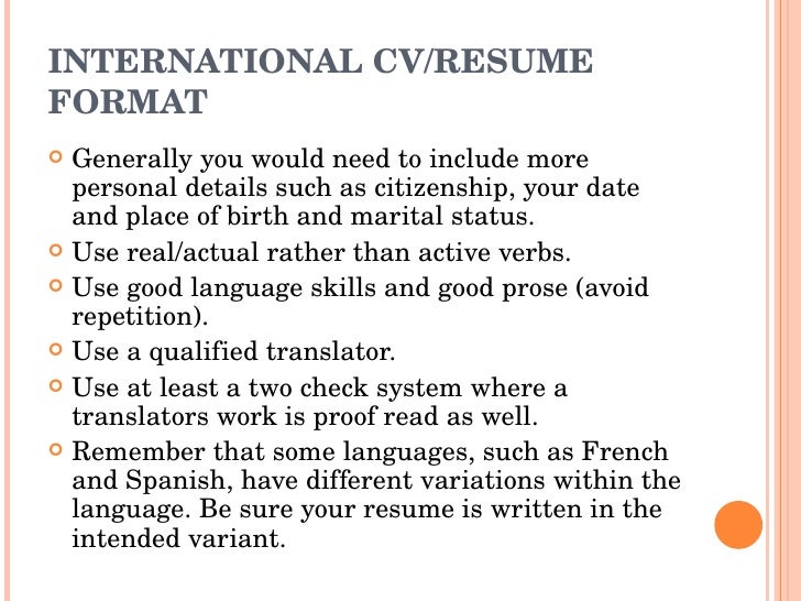 international curriculum vitae format