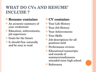 WHAT DO CVs AND RESUME’ INCLUDE ? ,[object Object],[object Object],[object Object],[object Object],[object Object],[object Object],[object Object],[object Object],[object Object],[object Object],[object Object],[object Object],[object Object],[object Object]