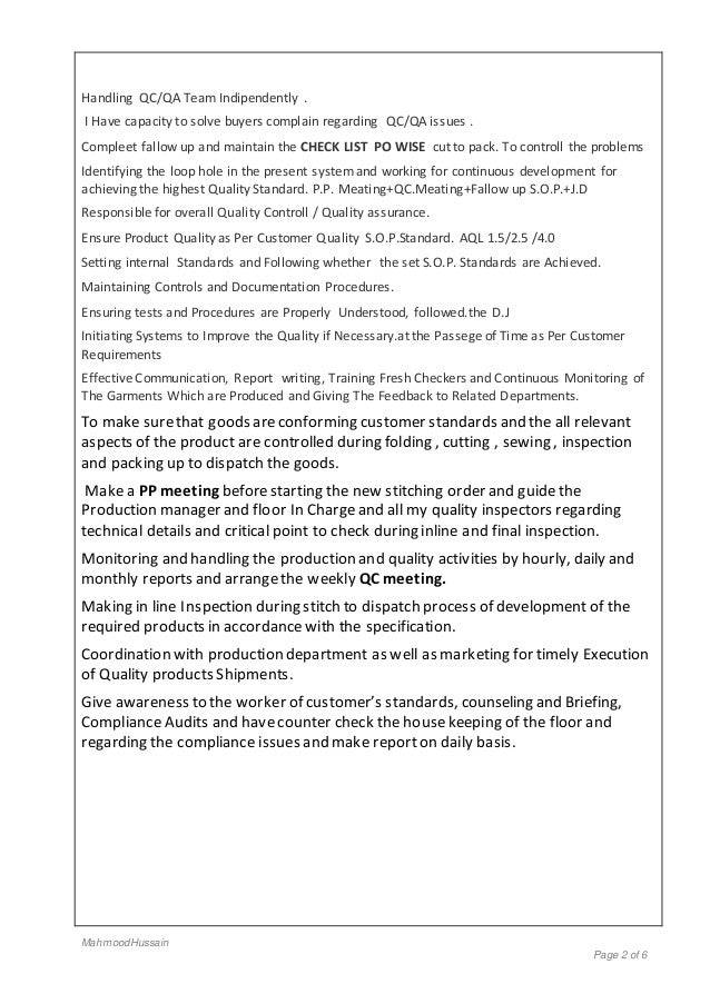 My CV FOR THE JOB OF QC/QA MANAGER IN HOME TEXTILES & GARMENTS