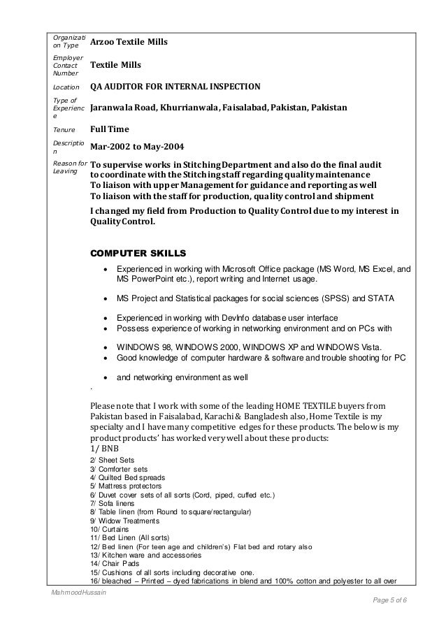 My CV FOR THE JOB OF QC/QA MANAGER IN HOME TEXTILES & GARMENTS