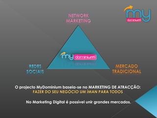 O projecto MyDominium baseia-se no MARKETING DE ATRACÇÃO:
FAZER DO SEU NEGÓCIO UM ÍMAN PARA TODOSFAZER DO SEU NEGÓCIO UM ÍMAN PARA TODOS
No Marketing Digital é possível unir grandes mercados.
 