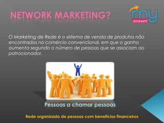 O Marketing de Rede é o sistema de venda de produtos não
encontrados no comércio convencional, em que o ganho
aumenta segundo o número de pessoas que se associam ao
patrocionador.
Pessoas a chamar pessoas
Rede organizada de pessoas com benefícios financeiros
 