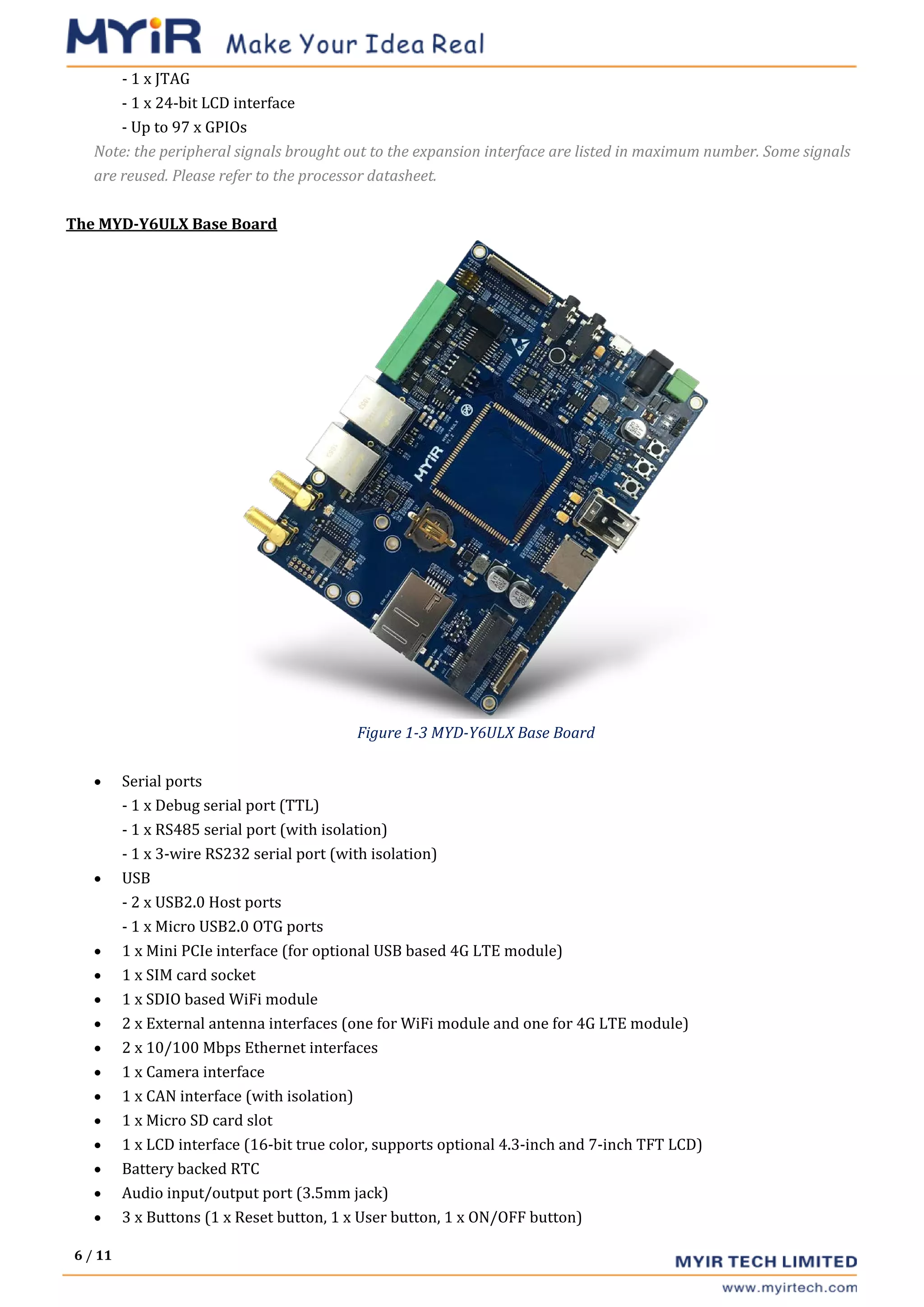 6 / 11
- 1 x JTAG
- 1 x 24-bit LCD interface
- Up to 97 x GPIOs
Note: the peripheral signals brought out to the expansion interface are listed in maximum number. Some signals
are reused. Please refer to the processor datasheet.
The MYD-Y6ULX Base Board
Figure 1-3 MYD-Y6ULX Base Board
• Serial ports
- 1 x Debug serial port (TTL)
- 1 x RS485 serial port (with isolation)
- 1 x 3-wire RS232 serial port (with isolation)
• USB
- 2 x USB2.0 Host ports
- 1 x Micro USB2.0 OTG ports
• 1 x Mini PCIe interface (for optional USB based 4G LTE module)
• 1 x SIM card socket
• 1 x SDIO based WiFi module
• 2 x External antenna interfaces (one for WiFi module and one for 4G LTE module)
• 2 x 10/100 Mbps Ethernet interfaces
• 1 x Camera interface
• 1 x CAN interface (with isolation)
• 1 x Micro SD card slot
• 1 x LCD interface (16-bit true color, supports optional 4.3-inch and 7-inch TFT LCD)
• Battery backed RTC
• Audio input/output port (3.5mm jack)
• 3 x Buttons (1 x Reset button, 1 x User button, 1 x ON/OFF button)
 