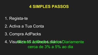 4 SIMPLES PASSOS
1. Regista-te
2. Activa a Tua Conta
3. Compra AdPacks
4. Visualiza 15 anúncios diáriosOs teus AdPack Lucram Diariamente
cerca de 3% a 5% ao dia
 