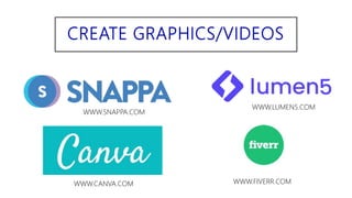 CREATE GRAPHICS/VIDEOS
WWW.SNAPPA.COM
WWW.CANVA.COM
WWW.LUMEN5.COM
WWW.FIVERR.COM
 