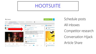 HOOTSUITE
Schedule posts
All inboxes
Competitor research
Conversation Hijack
Article Share
 