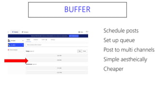 BUFFER
Schedule posts
Set up queue
Post to multi channels
Simple aestheically
Cheaper
 