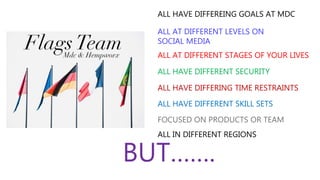 ALL AT DIFFERENT LEVELS ON
SOCIAL MEDIA
ALL HAVE DIFFEREING GOALS AT MDC
ALL AT DIFFERENT STAGES OF YOUR LIVES
ALL HAVE DIFFERENT SECURITY
ALL HAVE DIFFERING TIME RESTRAINTS
ALL HAVE DIFFERENT SKILL SETS
FOCUSED ON PRODUCTS OR TEAM
ALL IN DIFFERENT REGIONS
BUT…….
 