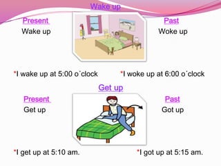 Wake up
  Present                                     Past
  Wake up                                    Woke up




*I wake up at 5:00 o´clock        *I woke up at 6:00 o´clock
                             Get up
   Present                                     Past
   Get up                                     Got up




*I get up at 5:10 am.                  *I got up at 5:15 am.
 