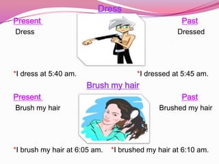 Dress
Present                                             Past
Dress                                              Dressed




*I dress at 5:40 am.                  *I dressed at 5:45 am.
                       Brush my hair
Present                                             Past
Brush my hair                                Brushed my hair




*I brush my hair at 6:05 am.   *I brushed my hair at 6:10 am.
 