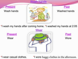 Wash hands
    Present                                           Past
  Wash hands                                    Washed hands




*I wash my hands after coming home. *I washed my hands at 2:05
                             Wear
     Present                                           Past
     Wear                                              Wore




*I wear casual clothes.    *I wore baggy clothes in the afternoon.
 