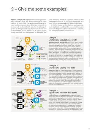 MyData–ANordicModelforhuman-centeredpersonaldatamanagementandprocessing
11
9 – Give me some examples!
MyData is a high-level approach for organizing personal
data in human centric way. MyData principles are appli-
cable to all areas of life. The same personal data can be
used in different sectors. Some data types are specific to
sectors, such as clinical health data, but the primary ob-
jective for the MyData infrastructure is to enable the flow
of data between sectors. MyData can be applied to orga-
nizing healthcare data management, to developing new
Example 1:
MyData and Occupational health
Modern health care requires data. Clinical data usually consist
of various test results and diagnosis. Occupational health care
providers change when individuals change jobs. There is no
convenient way to organize data logistics between different
occupation health care providers. Furthermore, getting more
data about individuals would significantly help personalize and
optimize health and wellbeing services and provide alternative
means for diagnosis. For example, an individual’s profile data,
consumption data, and activity tracking data could be used
for healthcare services. The MyData infrastructure can provide
standardized methods for managing data logistics between dif-
ferent professional and public health organizations and sources
of behavioral data in robust ways across organizations.
Example 2:
MyData and Loyalty card data
Loyalty card data can reveal the individual’s consumption his-
tory, which can be used to provide health recommendations, to
recommend changes in shopping behavior, and to optimize per-
sonal spending. Providing individuals with access comprehen-
sive consumption feedback through their loyalty card data may
have beneficial society-wide effects. Smarter consumers have
the power to influence change production patterns. Fragmented
datasets from a single loyalty cards provide limited insights
into consumption behaviors, but the MyData infrastructure
creates the mechanism to integrate data from multiple sources
for more meaningful results.
Example 3:
MyData and research data banks
The development of computational sciences has produced
flexible tools that can be used to combine and analyze multiple
data sources. Integrating data from multiple sources may
increase risks of privacy invasion. According to recent research,
over 60% of individuals have expressed their willingness to
donate their personal data for research purposes. The MyData
infrastructure can provide a common framework for differ-
ent kinds of research data banks to easily acquire consumers’
consent to collect their data. Research data banks could then
provide access to their data without violating individual privacy
rights, but still maintain the capability to cross-reference data.
kinds of mobility services, to supporting individuals with
their personal finances, to informing consumption deci-
sions, and to creating new kind of research databases.
In this last chapter we describe three use case scenar-
ios for MyData in more detail. The schematic illustrations
show how the personal data, authorizations / consents,
and money flow between different actors.
Source: Complementary
Data Source
MyData Operator
Intelligent
Consumption
Feedback (App)
Intelligent
Consumption
Service
Diagnosis and
monitoring
service for
healtcare
Source:
Retail
Loyalty
Card Data
MyData
Operator
Research
Data Bank
Anonymization
Service
Public Sector
Source A:
Behavioral
Data
Source B:
Health
Data
Source C:
Health
Data
Research
Organizations
Researcher
A
Research­er
B
Source B: Public
Health Care Data Data
MyData Operator
Occupational
Health
Provider
Organization
(employer)
Source A:
Purchase
Data
Consent flow
Data flow
Money flow
 