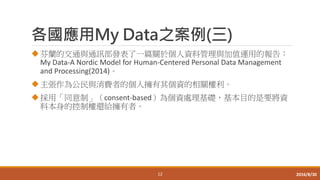 各國應用My Data之案例(三)
芬蘭的交通與通訊部發表了一篇關於個人資料管理與加值運用的報告：
My Data-A Nordic Model for Human-Centered Personal Data Management
and Processing(2014)。
主張作為公民與消費者的個人擁有其個資的相關權利。
採用「同意制」（consent-based）為個資處理基礎，基本目的是要將資
料本身的控制權還給擁有者。
12 2016/8/30
 