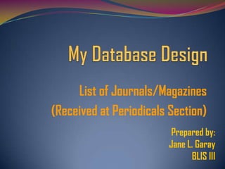 List of Journals/Magazines
(Received at Periodicals Section)
                         Prepared by:
                        Jane L. Garay
                              BLIS III
 
