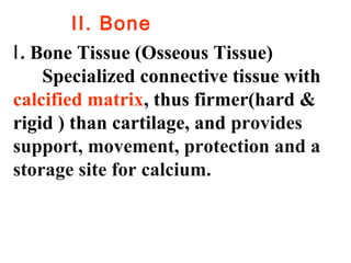 Bone II. Bone 
Ⅰ. Bone Tissue (Osseous Tissue) 
Specialized connective tissue with 
calcified matrix, thus firmer(hard & 
rigid ) than cartilage, and provides 
support, movement, protection and a 
storage site for calcium. 
 