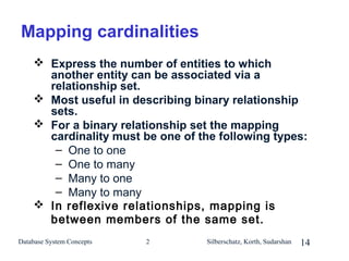 Mapping cardinalities
 Express the number of entities to which
another entity can be associated via a
relationship set.
 Most useful in describing binary relationship
sets.
 For a binary relationship set the mapping
cardinality must be one of the following types:
– One to one
– One to many
– Many to one
– Many to many
 In reflexive relationships, mapping is
between members of the same set.
Database System Concepts

2

Silberschatz, Korth, Sudarshan

14

 