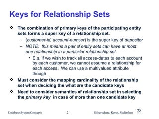 Keys for Relationship Sets
 The combination of primary keys of the participating entity
sets forms a super key of a relationship set.
– (customer-id, account-number) is the super key of depositor
– NOTE: this means a pair of entity sets can have at most
one relationship in a particular relationship set.
• E.g. if we wish to track all access-dates to each account
by each customer, we cannot assume a relationship for
each access. We can use a multivalued attribute
though
 Must consider the mapping cardinality of the relationship
set when deciding the what are the candidate keys
 Need to consider semantics of relationship set in selecting
the primary key in case of more than one candidate key

Database System Concepts

2

Silberschatz, Korth, Sudarshan

28

 