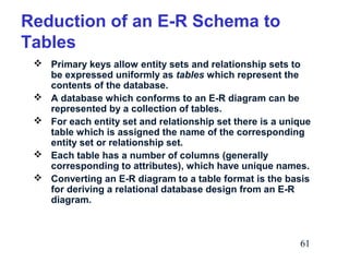 Reduction of an E-R Schema to
Tables
 Primary keys allow entity sets and relationship sets to
be expressed uniformly as tables which represent the
contents of the database.
 A database which conforms to an E-R diagram can be
represented by a collection of tables.
 For each entity set and relationship set there is a unique
table which is assigned the name of the corresponding
entity set or relationship set.
 Each table has a number of columns (generally
corresponding to attributes), which have unique names.
 Converting an E-R diagram to a table format is the basis
for deriving a relational database design from an E-R
diagram.

61

 