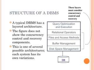 STRUCTURE OF A DBMS
 A typical DBMS has a
layered architecture.
 The figure does not
show the concurrency
control and recovery
components.
 This is one of several
possible architectures;
each system has its
own variations.
Query Optimization
and Execution
Relational Operators
Files and Access Methods
Buffer Management
Disk Space Management
DB
These layers
must consider
concurrency
control and
recovery
 