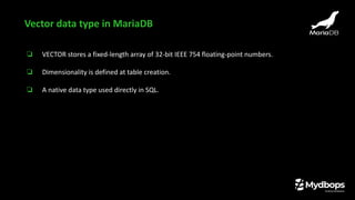 ❏ VECTOR stores a fixed-length array of 32-bit IEEE 754 floating-point numbers.
❏ Dimensionality is defined at table creation.
❏ A native data type used directly in SQL.
Vector data type in MariaDB
 