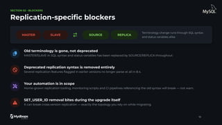 SECTION 02 · BLOCKERS
Replication-speciﬁc blockers
MASTER SLAVE SOURCE REPLICA
Terminology change runs through SQL syntax
and status variables alike
Old terminology is gone, not deprecated
MASTER/SLAVE in SQL syntax and status variables has been replaced by SOURCE/REPLICA throughout.
Deprecated replication syntax is removed entirely
Several replication features ﬂagged in earlier versions no longer parse at all in 8.4.
Your automation is in scope
Home-grown replication tooling, monitoring scripts and CI pipelines referencing the old syntax will break — not warn.
SET_USER_ID removal bites during the upgrade itself
It can break cross-version replication — exactly the topology you rely on while migrating.
15
 