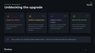 SECTION 02 · REMEDIATION
Unblocking the upgrade
01
Triage the output
Errors ﬁrst, warnings second.
Do not batch them
together.
02
Update conﬁguration
Replace removed variables
with their new equivalents
before the 8.4 binary is
installed.
03
Update code &
scripts
Application, ORM and DBA
tooling that references
deprecated syntax.
04
Re-run the checker
After every remediation
round, until the report
comes back clean.
This is a loop, not a checklist. Expect several rounds — each ﬁx can surface the next one underneath it.
16
 