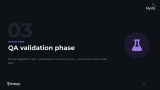 03
SECTION THREE
QA validation phase
Do the upgrade for real — somewhere it cannot hurt you — and prove it works under
load.
17
 