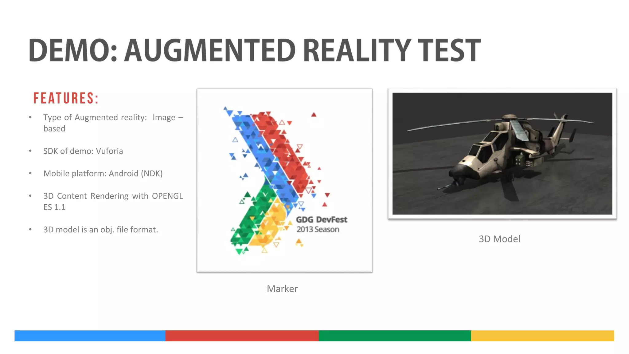 •

Type of Augmented reality: Image –
based

•

SDK of demo: Vuforia

•

Mobile platform: Android (NDK)

•

3D Content Rendering with OPENGL
ES 1.1

•

3D model is an obj. file format.

3D Model

Marker

 