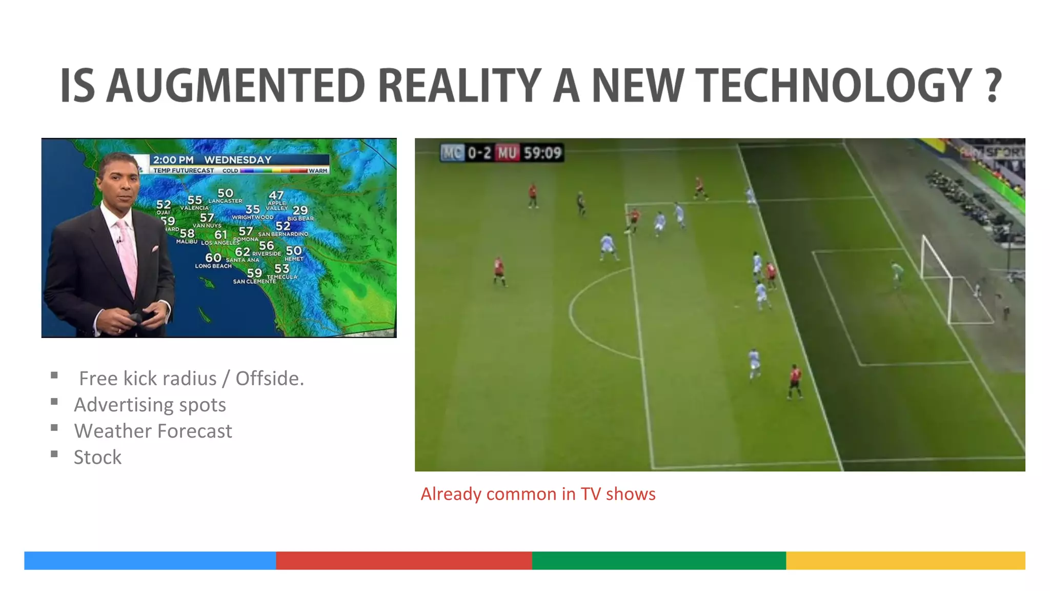 




Free kick radius / Offside.
Advertising spots
Weather Forecast
Stock
Already common in TV shows

 