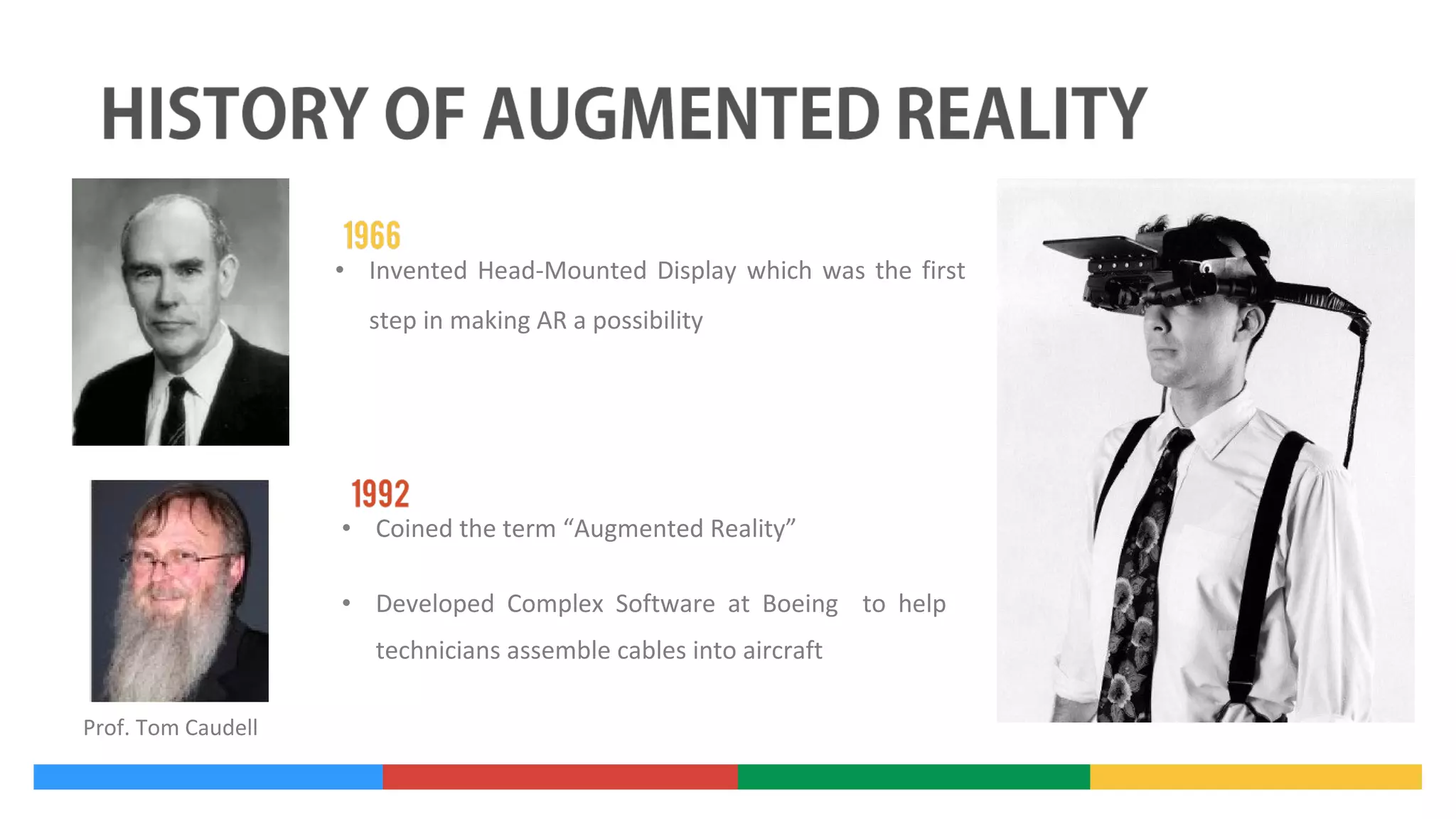 • Invented Head-Mounted Display which was the first
step in making AR a possibility

• Coined the term “Augmented Reality”
• Developed Complex Software at Boeing to help
technicians assemble cables into aircraft
Prof. Tom Caudell

 