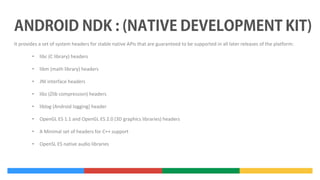 It provides a set of system headers for stable native APIs that are guaranteed to be supported in all later releases of the platform:
•

libc (C library) headers

•

libm (math library) headers

•

JNI interface headers

•

libz (Zlib compression) headers

•

liblog (Android logging) header

•

OpenGL ES 1.1 and OpenGL ES 2.0 (3D graphics libraries) headers

•

A Minimal set of headers for C++ support

•

OpenSL ES native audio libraries

 
