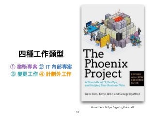 四種⼯工作類型
① 業務專案 ② IT 內部專案
③ 變更更⼯工作 ④ 計劃外⼯工作
Amazon - https://goo.gl/visckK
18
 
