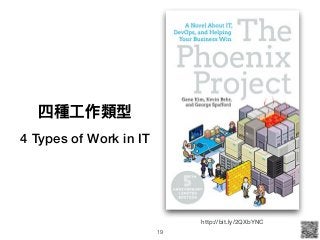 四種⼯工作類型
4 Types of Work in IT
http://bit.ly/2QXbYNC
19
 