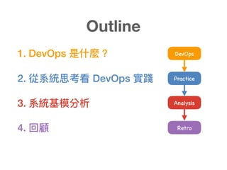 1. DevOps 是什什麼？
2. 從系統思考看 DevOps 實踐
3. 系統基模分析
4. 回顧
Outline
Analysis
DevOps
Practice
Retro
 
