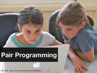 44
Pair Programming
※ 圖片來來源：https://www.ﬂickr.com/photos/esti/4638056301
 
