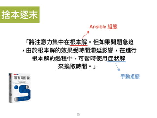 「將注意⼒力力集中在根本解。但如果問題急迫
，由於根本解的效果受時間滯延影響，在進⾏行行
根本解的過程中，可暫時使⽤用症狀狀解
來來換取時間。」
55
捨本逐末
Ansible 組態
⼿手動組態
 