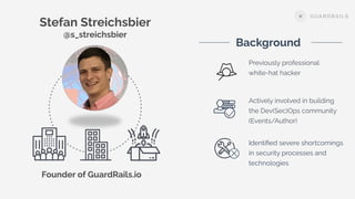 Stefan Streichsbier
@s_streichsbier
Actively involved in building
the Dev(Sec)Ops community
(Events/Author)
Identiﬁed severe shortcomings
in security processes and
technologies
Background
Previously professional
white-hat hacker
Founder of GuardRails.io
 