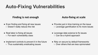 Auto-Fixing Vulnerabilities
Finding is not enough
● Even finding and fixing all new issues
○ Doesn’t really reduce the risk
● Real labor is fixing all issues
○ For each vulnerability class
● Implement controls to prevent it in the future
○ Thus sustainably eradicating issues
Auto-fixing at scale
● Provide just in time training on the issue
○ Leverage gamification to fix more issues
● Leverage data science to fix issues
○ Can be a hybrid approach
● Rely on secure by default frameworks
○ Over others that are less opinionated
 